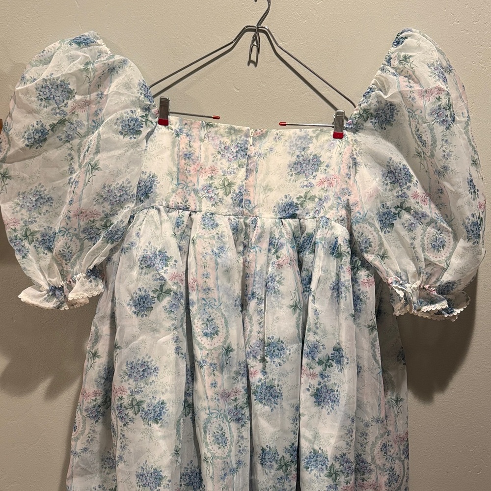 Selkie La Belle Etoile French Puff Sleeve Mini Dress in Soft Blue White Sheer - Picture 12 of 16